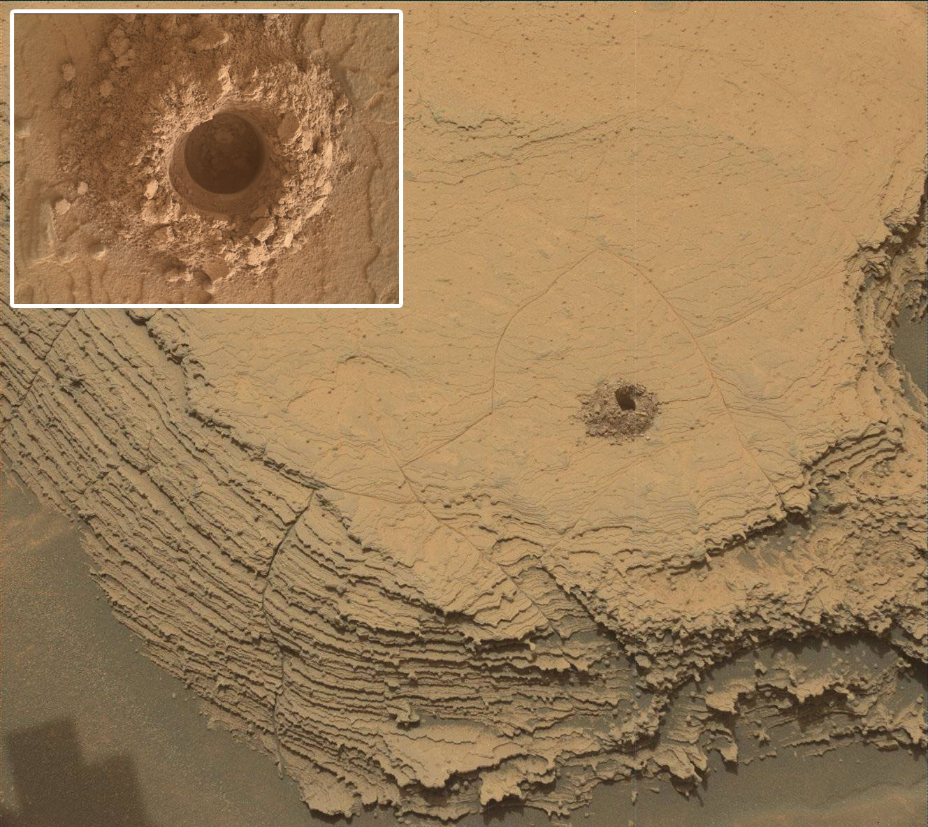 Curiosity used its Mast Camera, or Mastcam, to capture this image of its 36th successful drill hole on Mount Sharp, at a rock called “Canaima.”