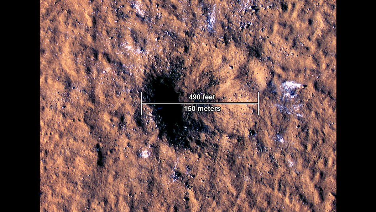 Figure A is an annotated version of the image indicating the crater is about 490 feet (150 meters) across.