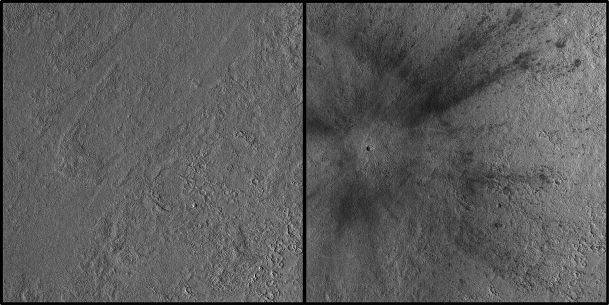 This meteoroid impact crater on Mars was discovered using the black-and-white Context Camera aboard NASA’s Mars Reconnaissance Orbiter.