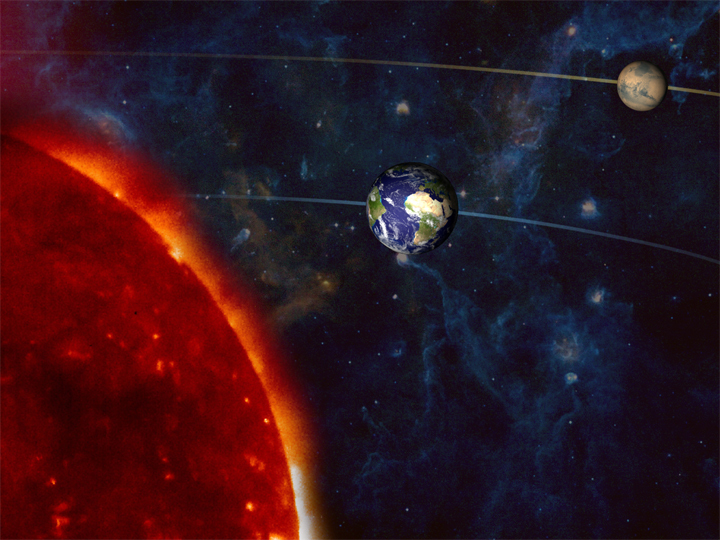 Artist's concept of Mars Opposition on December 24, 2007. The distances between the sun, the planets, and the distant nebula are not to scale.