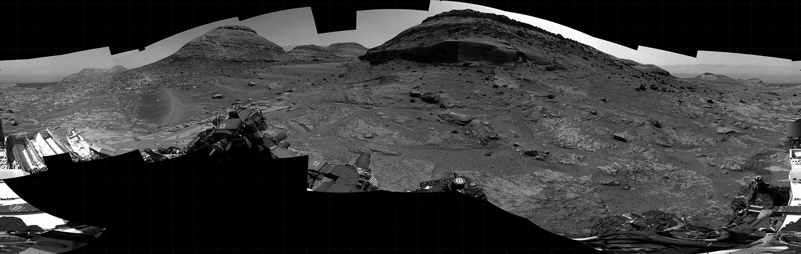 A 360-degree cylindrical projection panorama of the Martian surface centered at 162 degrees azimuth (measured clockwise from north).