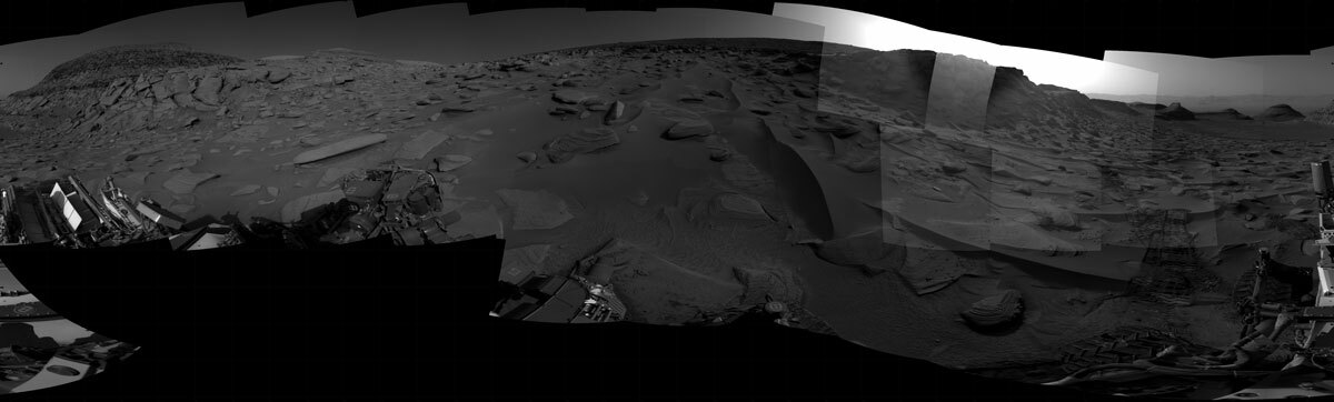 The seam-corrected mosaic provides a 360-degree cylindrical projection panorama of the Martian surface centered at 207 degrees azimuth (measured clockwise from north). 