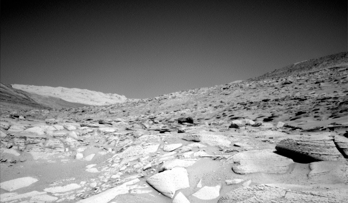 This image shows a rocky Martian terrain of multiple hills, and was taken by Curiosity on Sol 3799.