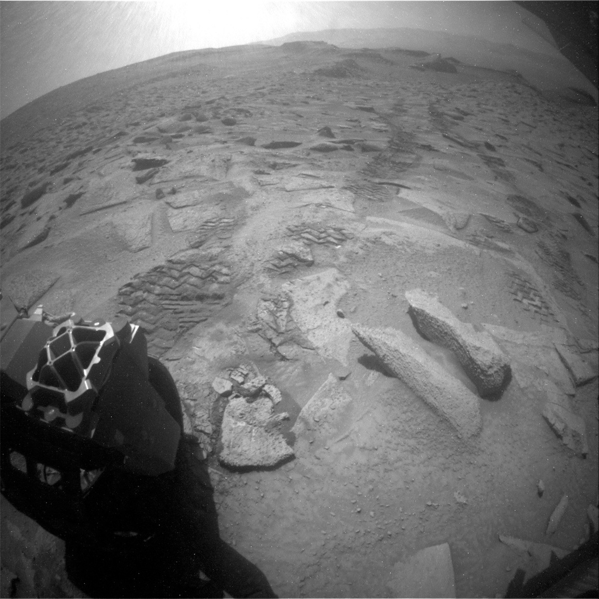 This image was taken by Rear Hazard Avoidance Camera (Rear Hazcam) onboard NASA's Mars rover Curiosity on Sol 3837. 