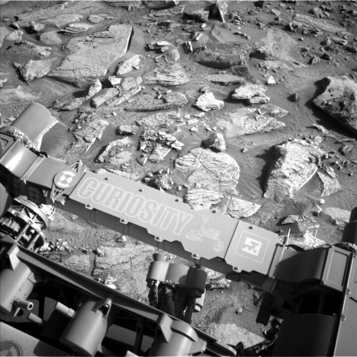 This image captures Curiosity's name on the rover which was taken by Left Navigation Camera onboard NASA's Mars rover Curiosity on Sol 3880.