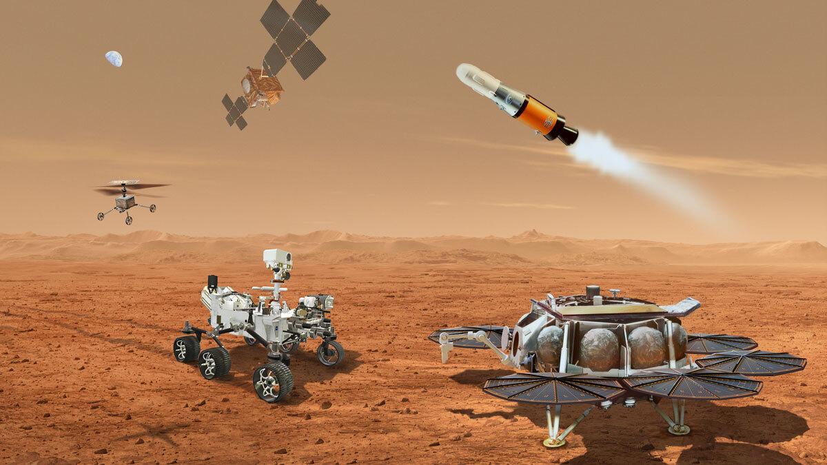 This illustration shows a concept for multiple robots that would team up to ferry to Earth samples of rock and soil collected from the Martian surface by NASA's Mars Perseverance rover. 