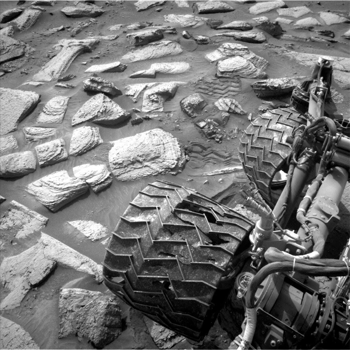 This image showing two of Curiosity's wheels and their tracks on the rocky Mars surface was taken by Left Navigation Camera onboard NASA's Mars rover Curiosity on Sol 4040.