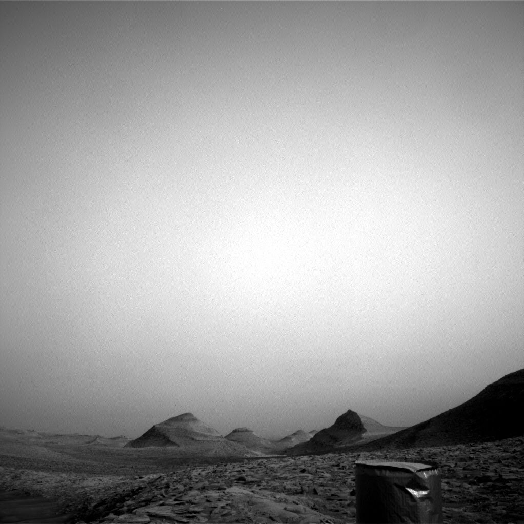 A Navcam image looking back towards the northern rim of Gale Crater. Now that we’re nearing the peak of the dusty season on Mars, it can sometimes be challenging to see the crater rim through all of the dust in the atmosphere.