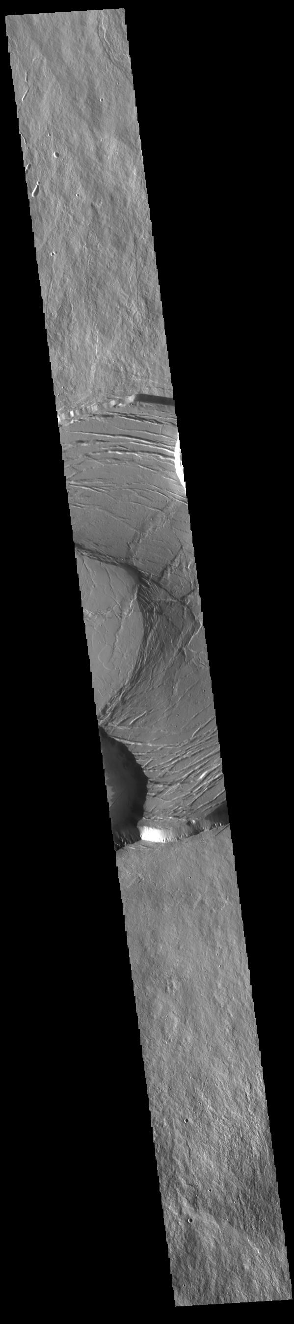 This image from NASAs Mars Odyssey shows part of the summit caldera of Olympus Mons.