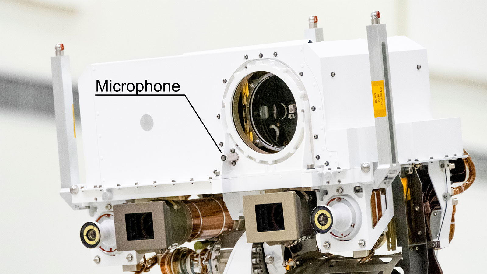 NASA’s Perseverance Mars rover carries two commercial-grade microphones, including this one on its mast. The mast microphone is part of the SuperCam instrument.