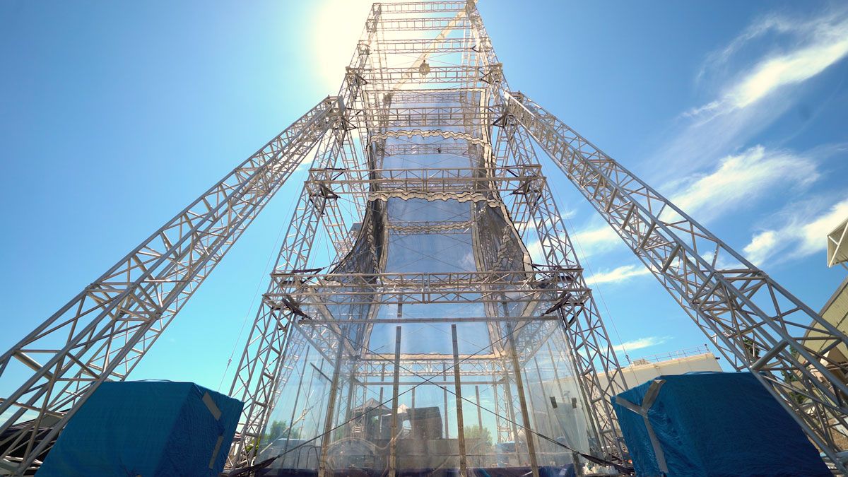 This drop tower at JPL includes a bow launch system, which can hurl test articles 110 mph into the ground, re-creating the forces they would experience during a Mars landing.