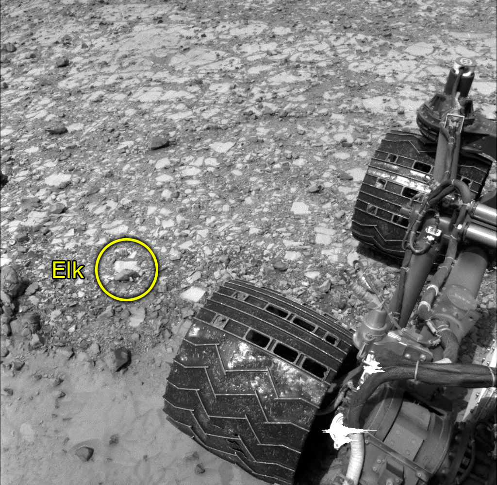 NASA's Curiosity Mars rover used its Navigation Camera (Navcam) to capture this view partway back down a slope it climbed toward "Marias Pass" on lower Mount Sharp.