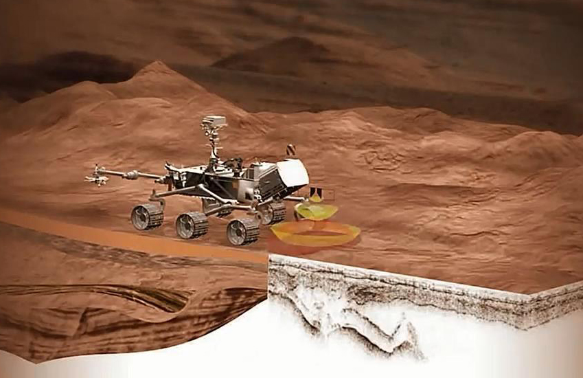 This artist concept shows the location of the RIMFAX instrument on the next rover scheduled to launch for Mars.