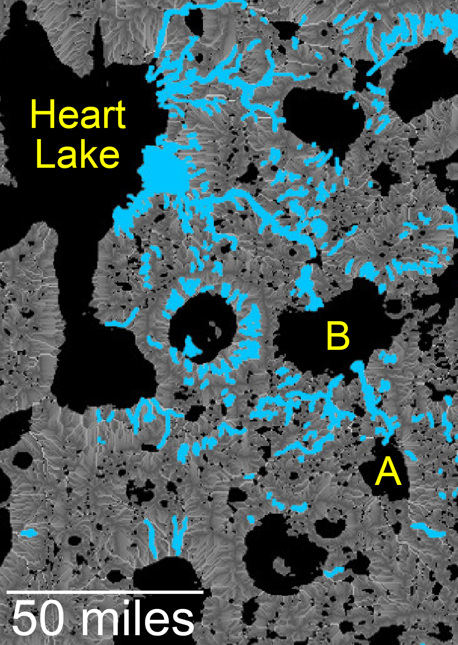 This map of an area within the Arabia Terra region on Mars shows where hydrologic modeling predicts locations of depressions that would have been lakes (black), overlaid with a map of the preserved valleys (blue lines, with width exaggerated for recognition) that would have been streams.