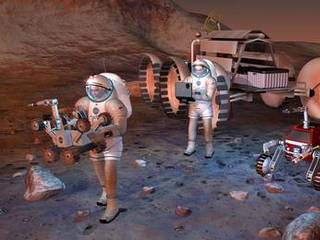 Artist's concept of future humans on Mars.