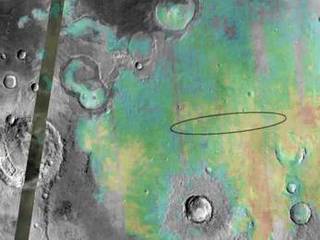 This mosaic of infrared images shows the abundance and location of hematite at Opportunity's landing site, Meridiani Planum. On Earth, hematite is a mineral that typically forms in water.