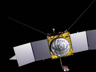 This is an artist's concept of the MAVEN spacecraft, showing the wedge-shaped "diving boards" that hold the Magnetometers at both ends of the solar arrays.