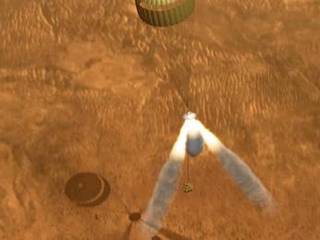 With the parachute deployed, three retrorockets fire their engines, suspending the lander 30 - 50 feet above the Martian surface.