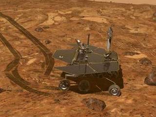 Artist's concept of controlling the rover from Earth, scientists drive the rover along Mars' surface inspecting geological features.