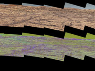 This pair of images from the Mast Camera (Mastcam) on NASA's Curiosity rover illustrates how special filters are used to scout terrain ahead for variations in the local bedrock.