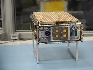 One of the two MarCO (Mars Cube One) CubeSat spacecraft is seen at NASA's Jet Propulsion Laboratory, Pasadena, California.