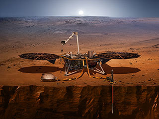 This artist's concept shows the InSight lander, its sensors, cameras and instruments.