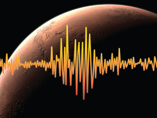 An artist's rendition of Mars, highlighting one of InSight's goals -- to figure out just how tectonically active Mars is today and how often meteorites impact it.