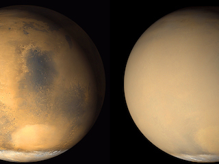 two global mars views, one clear one hazy