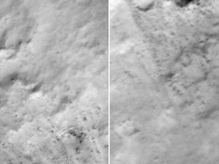 two side-by-side images of martian landscape from above, one blurry