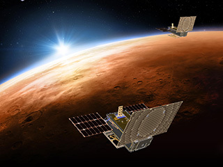 An artist's rendering of the twin Mars Cube One (MarCO) spacecraft flying over Mars with Earth in the distance.
