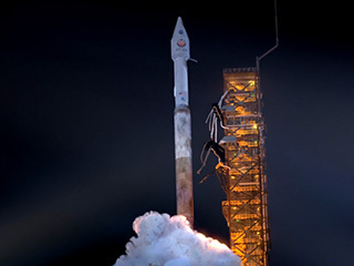 An artist's rendering of a rocket launching with the InSight spacecraft in May.