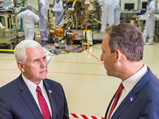 Vice President Mike Pence joined NASA Associate Administrator for the Science Mission Directorate, Thomas Zurbuchen for a close-up view of NASA's Mars InSight spacecraft during a visit to Lockheed Martin's facility in Littleton, Colorado, on Thursday, October 26.