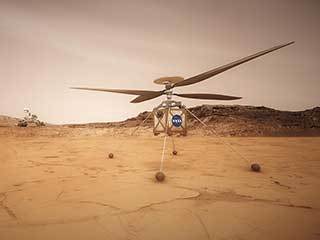 This artist concept shows the Mars Helicopter, a small, autonomous rotorcraft, which will travel with NASA's Mars 2020 rover mission.