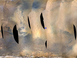 This global map of Mars shows a growing dust storm as of June 6, 2018. The map was produced by the Mars Color Imager (MARCI) camera on NASA's Mars Reconnaissance Orbiter spacecraft.