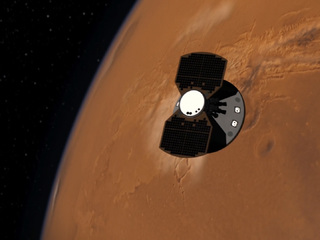This artist's impression shows InSight traveling to Mars.