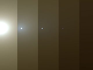 This series of images shows simulated views of a darkening Martian sky blotting out the Sun from NASA’s Opportunity rover’s point of view, with the right side simulating Opportunity’s current view in the global dust storm (June 2018).