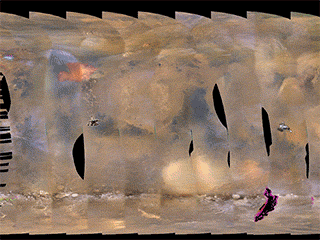 This set of images from NASA’s Mars Reconnaissance Orbiter shows a fierce dust storm is kicking up on Mars, with rovers on the surface indicated as icons.
