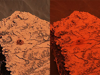 Two images from the Mast Camera (Mastcam) on NASA's Curiosity rover depicting the change in the color of light illuminating the Martian surface since a dust storm engulfed Gale Crater.