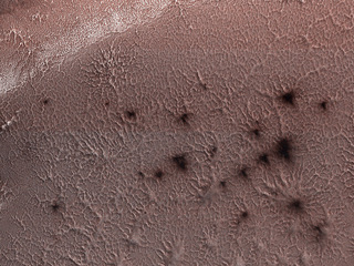 This image from NASA’s Mars Reconnaissance Orbiter shows spider-like formations at the Martian South Pole. They form when heating from the springtime Sun causes carbon dioxide beneath the surface to change from solid to gas and erupt, leaving dust behind.