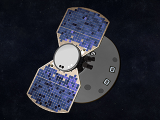This artist's concept shows the InSight spacecraft, encapsulated in its aeroshell, as it cruises to Mars. 