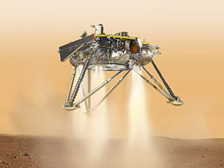 This is an illustration showing a simulated view of NASA's InSight lander about to land on the surface of Mars. This view shows the underside of the spacecraft.