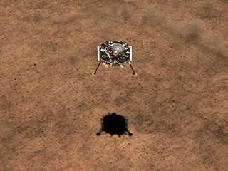 This illustration shows a simulated view of NASA's InSight lander kicking up dust as it lands on the Martian surface.
