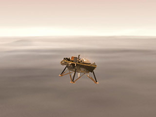 This illustration shows a simulated view of NASA's InSight lander firing retrorockets to slow down as it descends toward the surface of Mars.
