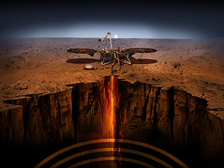An artist illustration of the InSight lander on Mars.