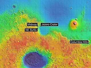 This Mars map depicts the final four locations under consideration for the landing site of Mars 2020.