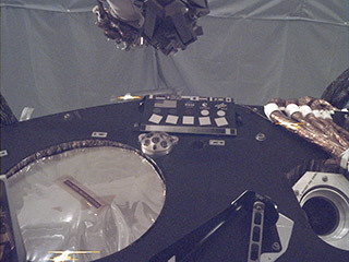 This image of the deck of NASA’s InSight lander – where the camera’s rectangular calibration target can be seen in the middle -- was taken by the Instrument Deployment Camera during the assembly, test and launch operations phase at Lockheed Martin Space, Denver. 
