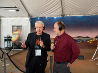 Bruce Banerdt talks to a member of the media on Nov. 26, 2018, in advance of InSight's landing on Mars. 