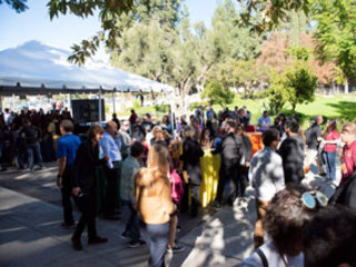 Employees and visitors at NASA's Jet Propulsion Laboratory gather on Nov. 26, 2018, to watch InSight land on Mars. 