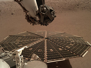 One of InSight's 7-foot (2.2 meter) wide solar panels was imaged by the lander's Instrument Deployment Camera, which is fixed to the elbow of its robotic arm.