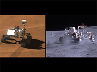 Side-by-side images depict NASA's Curiosity rover (left) and a moon buggy driven during the Apollo 16 mission.